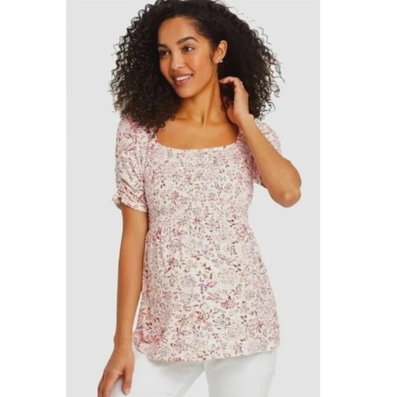 NWT Isabel Maternity Smocked Floral Cream Short Sleeve Top Size Medium - Picture 1 of 11